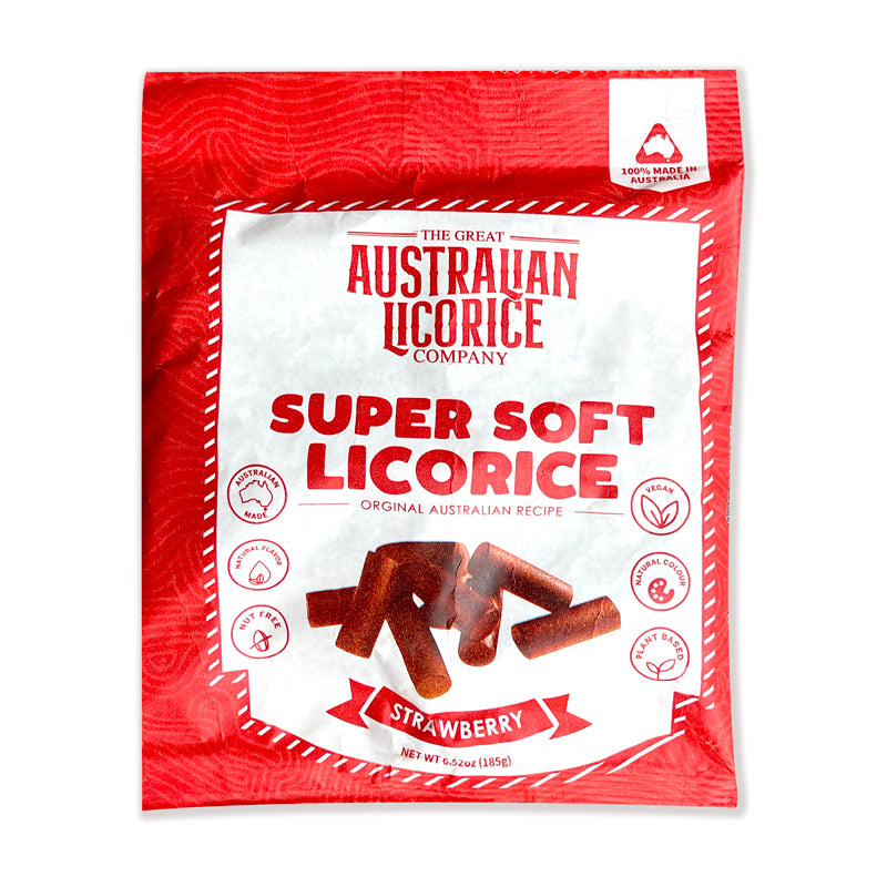 The Great Australian Licorice Company Strawberry Super Soft Licorice 185g Front