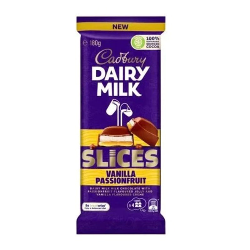 Cadbury Dairy Milk Slices Vanilla Passionfruit 180g, Front of pack, Australian Chocolate 