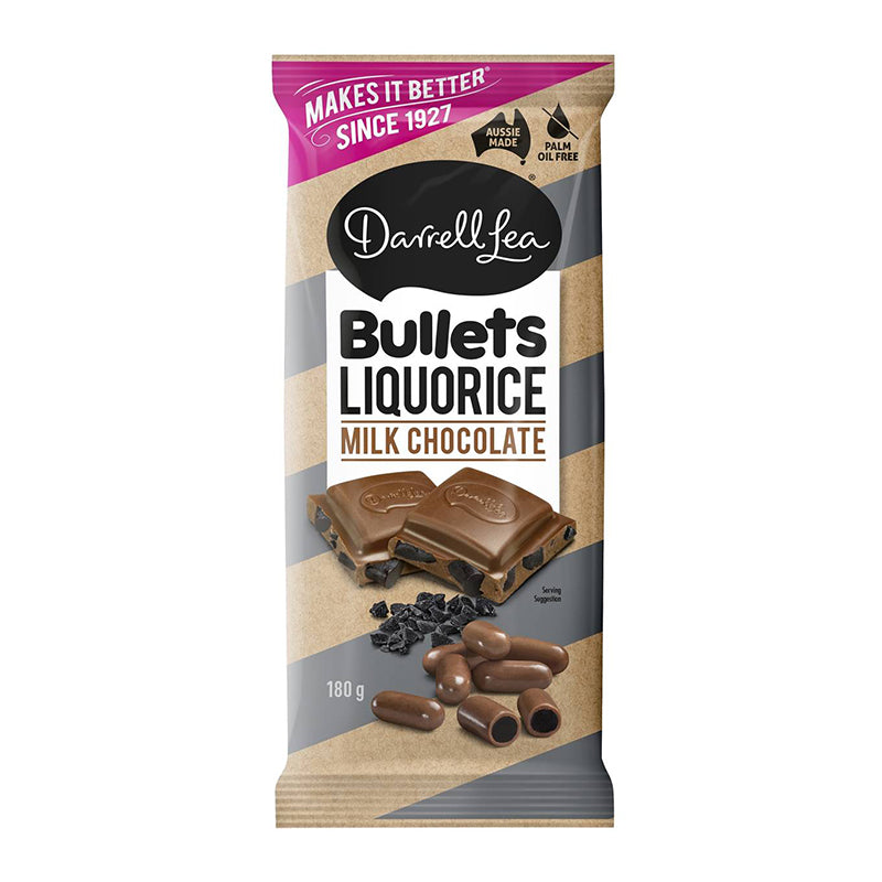 Darrell Lea Bullets Liquorice Milk Chocolate Block 180g Front