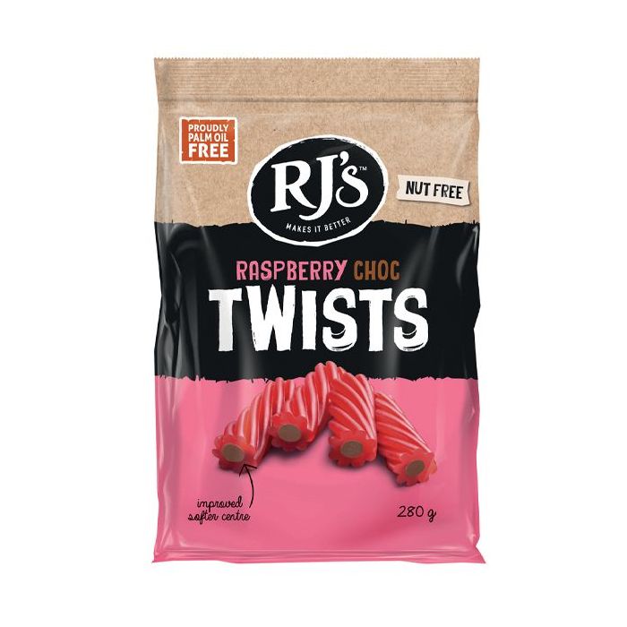 RJ's Licorice Raspberry Licorice Choc Twists 280g Bag Front New Zealand 